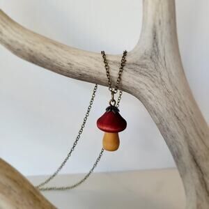 Handmade Naturally Dyed Wood Mushroom Pendant on 18" chain